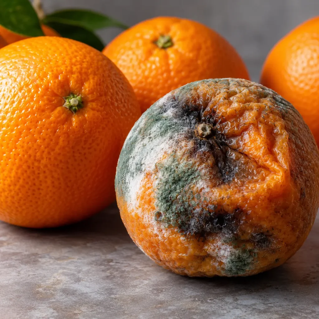 varias naranjas y una se ve que esta mala